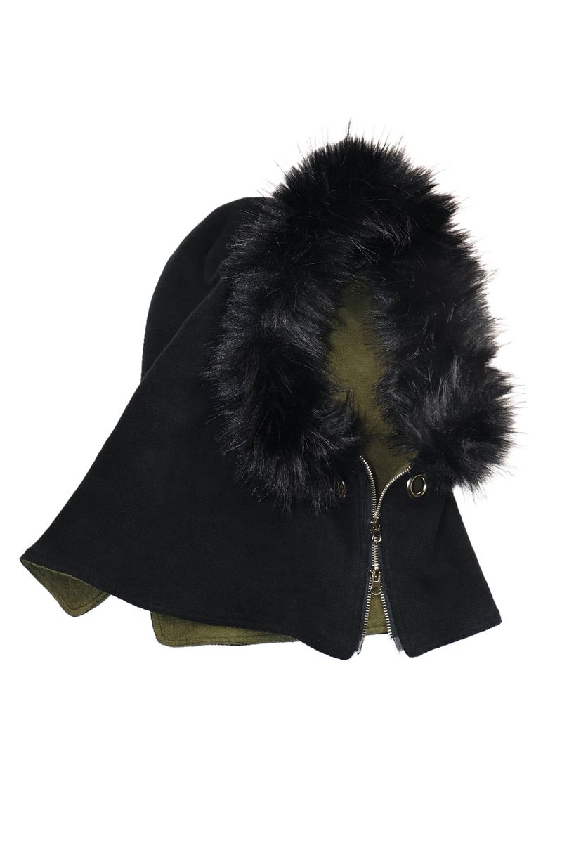 FUR HOODED WARMER - KHAKI BLACK