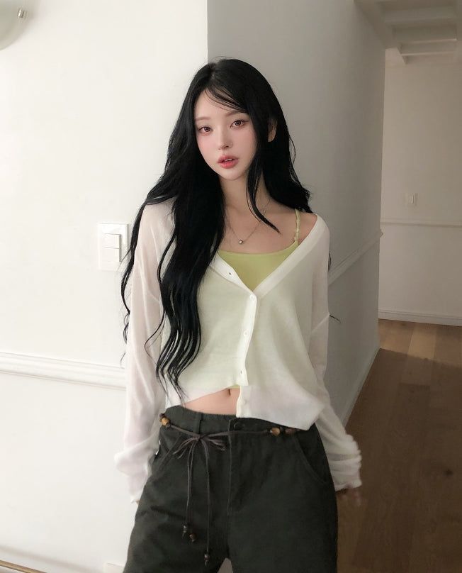 ULAN(ユレン)の「Dearly See-through Deep V-neck Cardigan(Tops)」