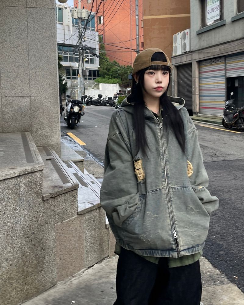 Vintage Dis denim Hooded Zip-Up