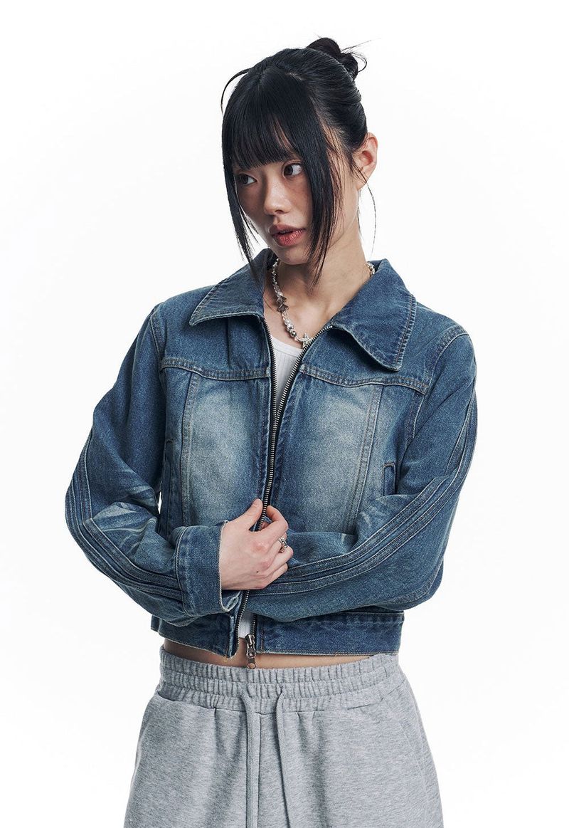 Washed Crop Track Denim Jacket - Deep Blue