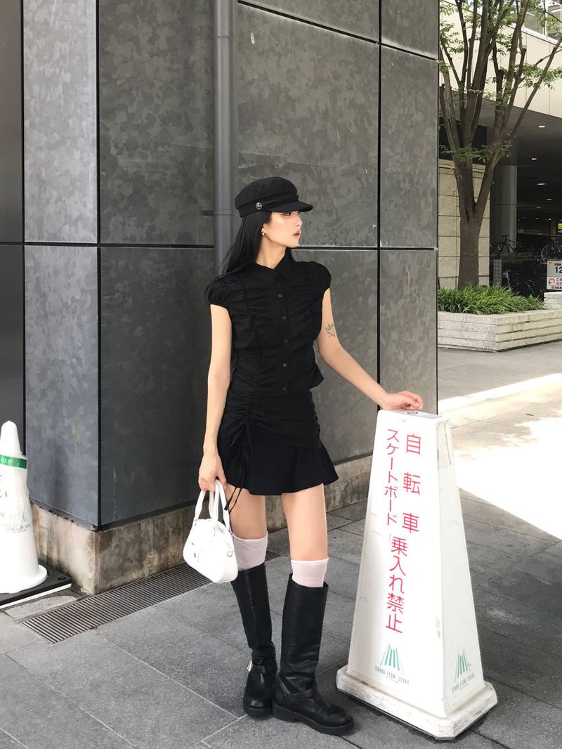 City Class Sheer Shirring HAlf Shirt& Skirt SET 