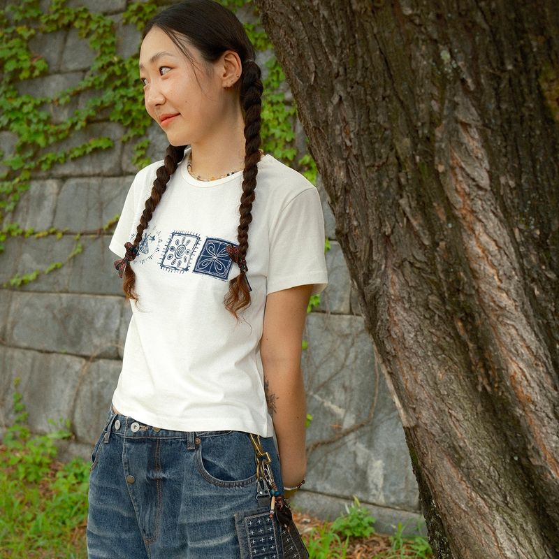 (w) Stamp crop half T-shirts / Off White