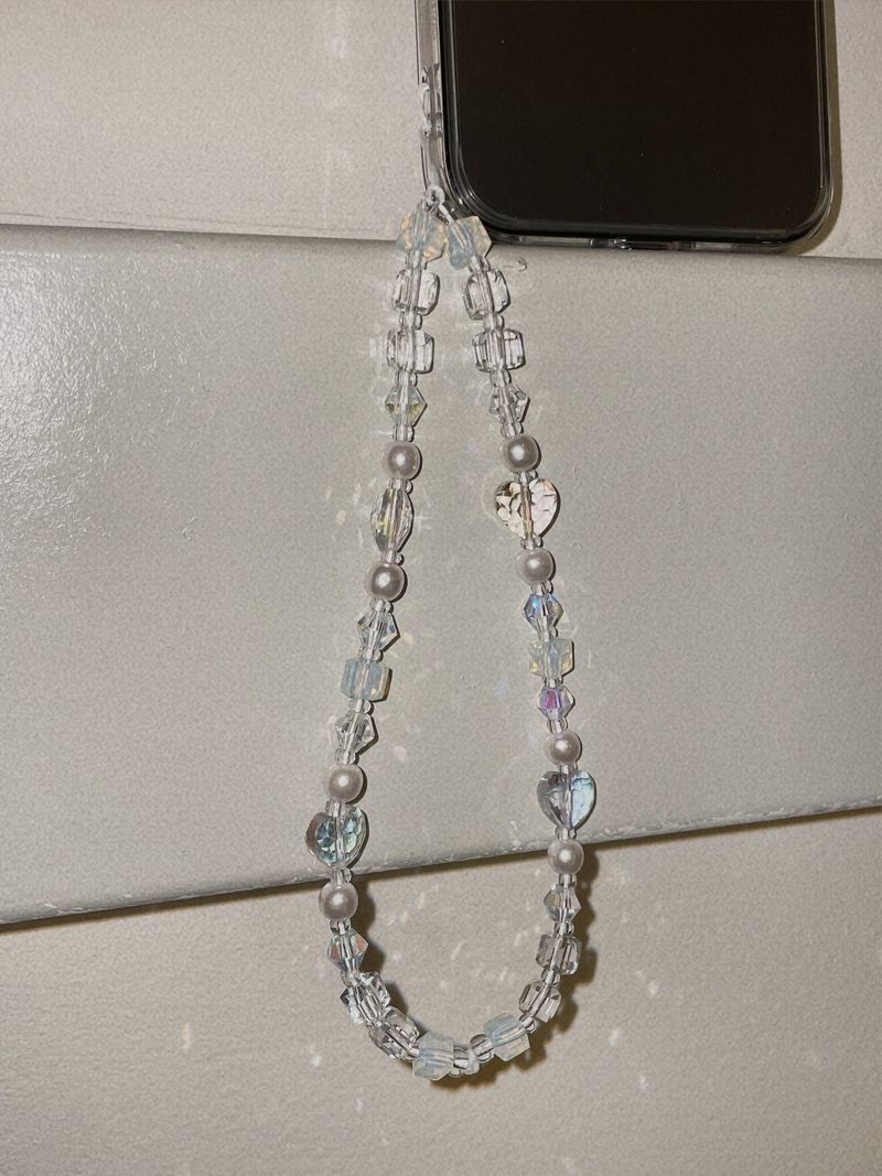 Clear White Heart Me Crystal Phone Strap