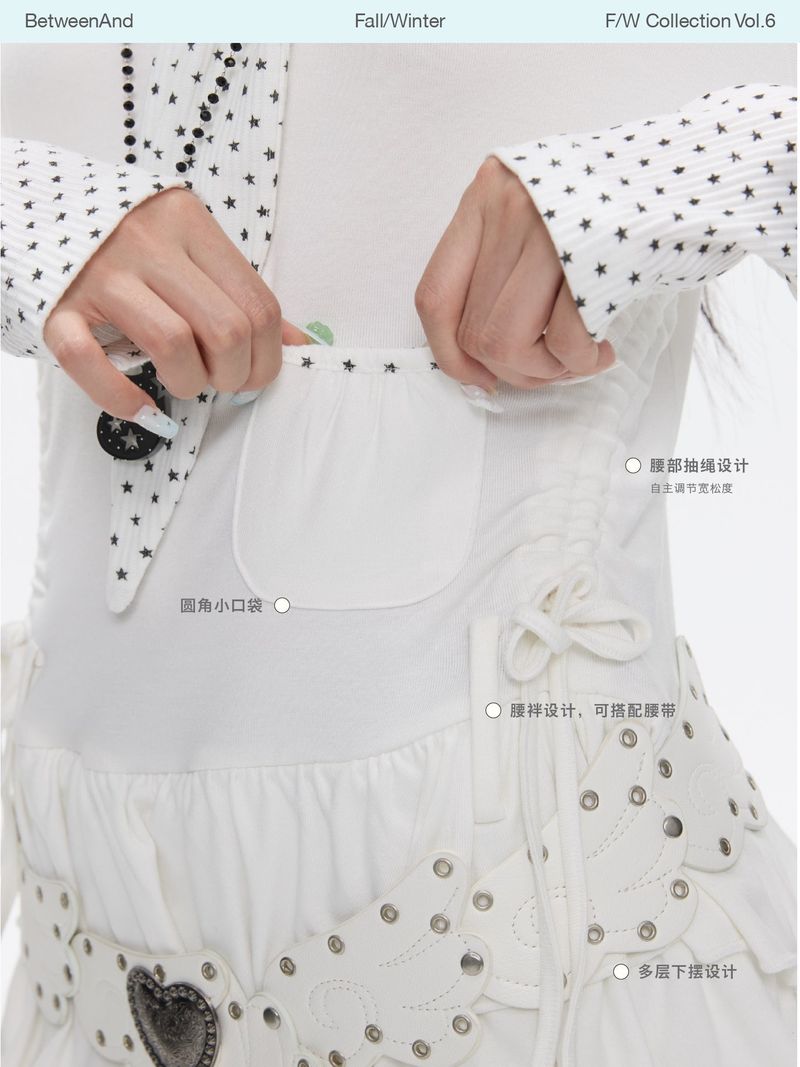 BETWEENAND "Rice White Melody" Winter Tie-Patterned Star Polka Dot Long Sleeve Multi-Layer White Dress