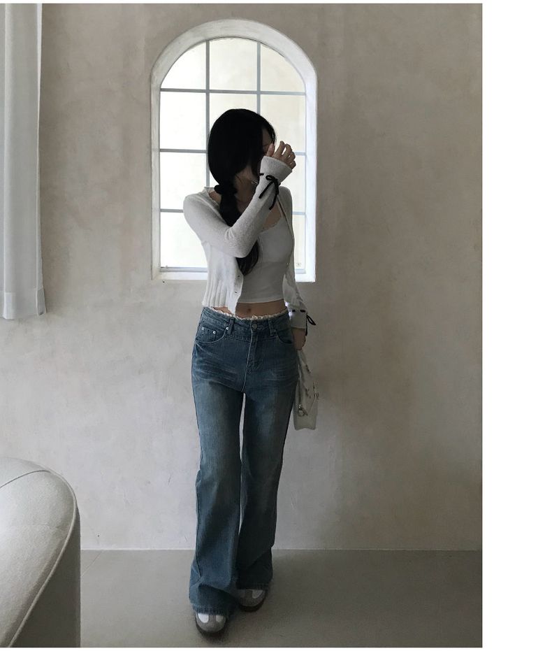 Pomel Lace Trimming Semi Bootcut Pants