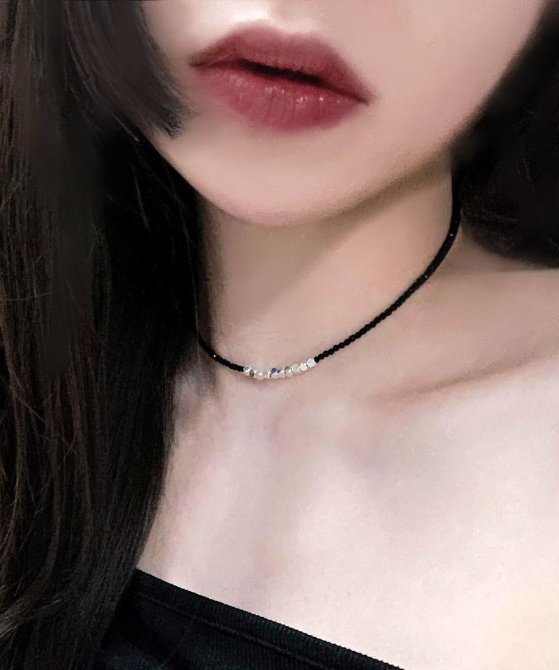 Black Rondelle beads silver cube necklace