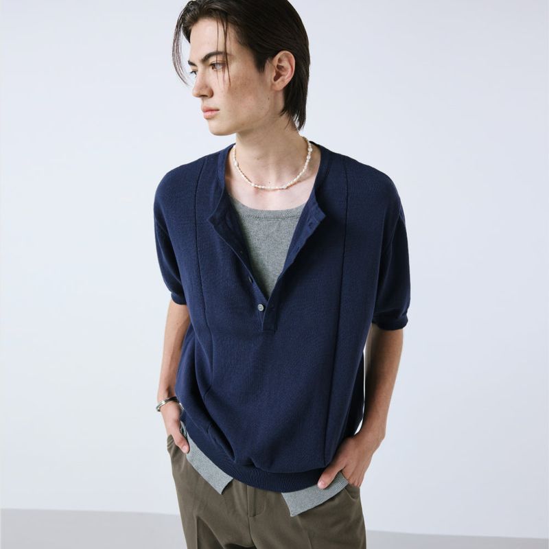 unveil henley neck layerd knit navy