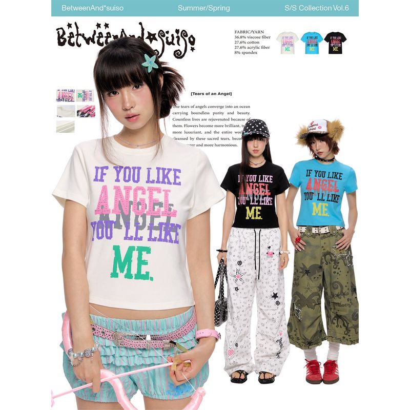 BETWEENAND Summer Short-Sleeve American-Style Tri-Color Letter Concept T-Shirt for Women – Versatile Top, 2026 New Release
