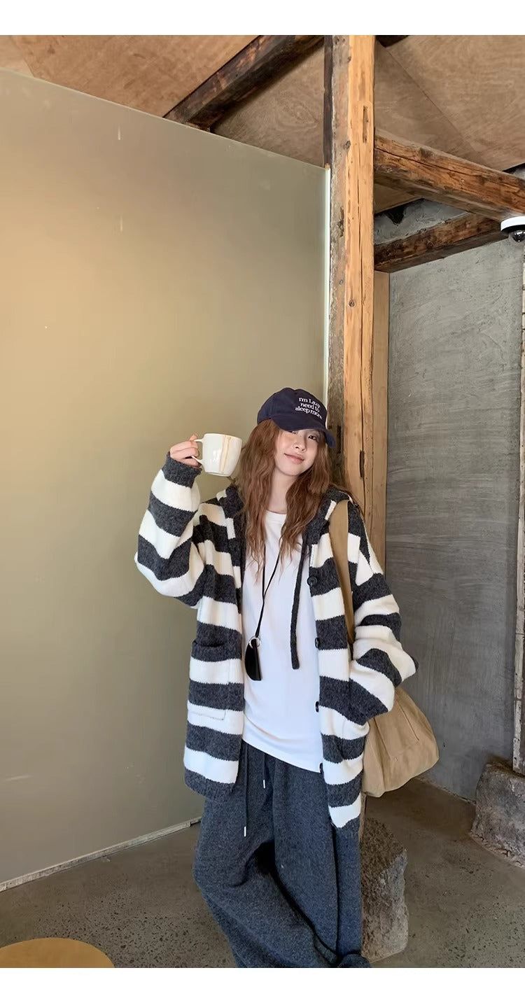 wool knit striped hooded over cardigan
