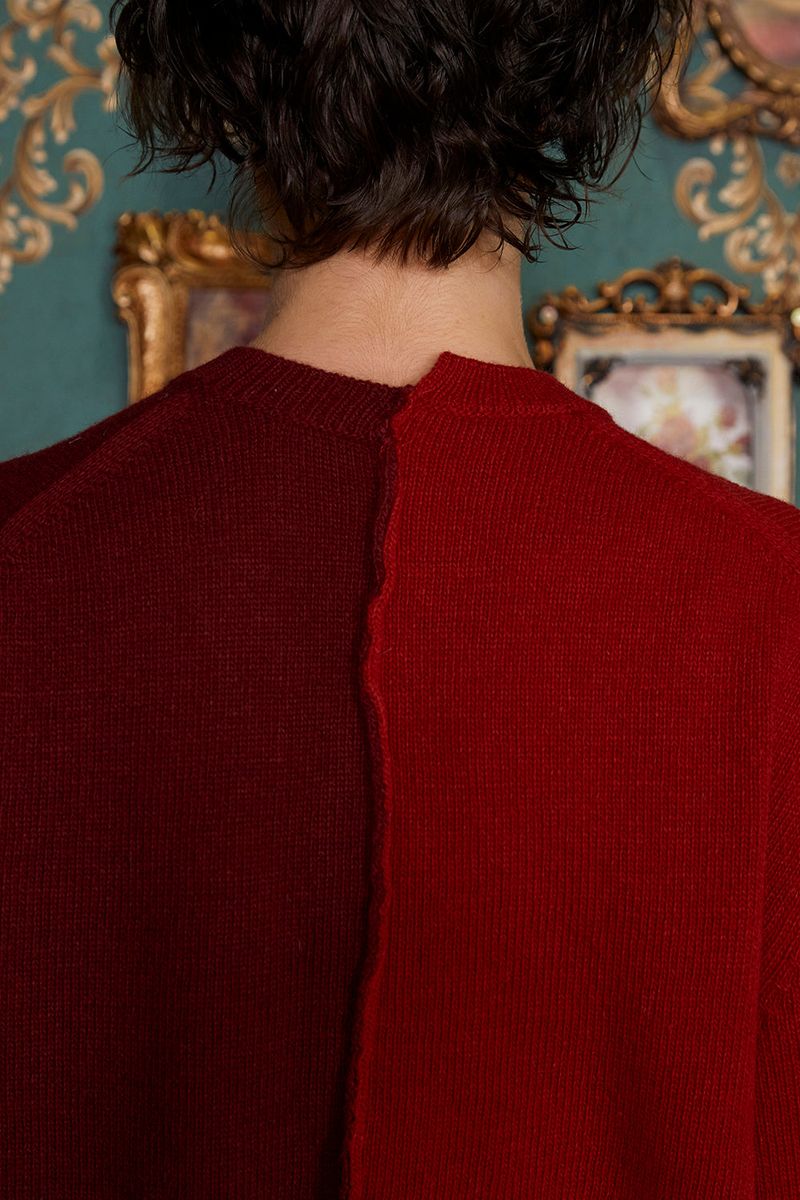 ASYMMETRY WOOL CARDIGAN / WINE&RED