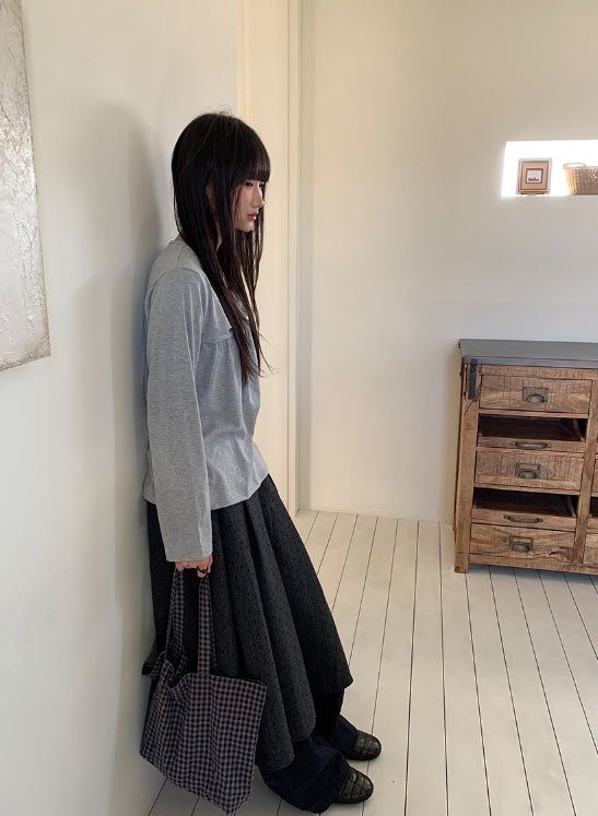Fiden Wool Pleats Banding Dot Long Skirt