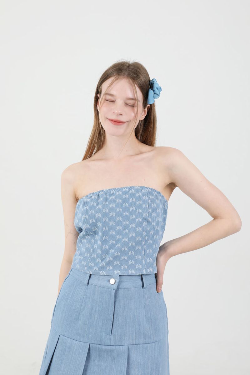 Denim Ribbon Crop Top Light Blue