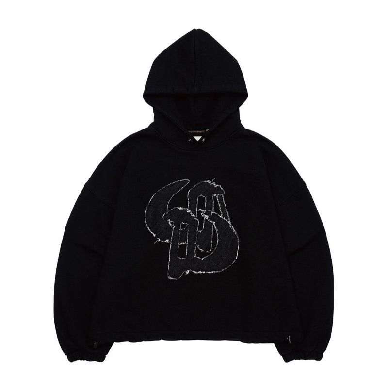 WASHED DENIM APPLIQUE SHORT HOODIE_BLACK