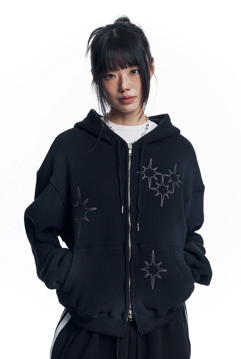 Washed Star Waffle Hooded Zip-Up - Black