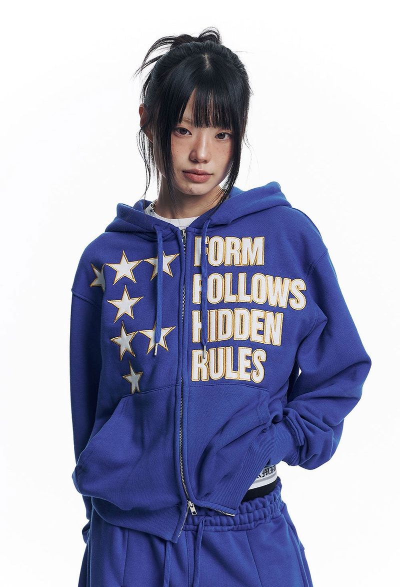 Star Lettering Patch Hoodie Zip-Up - Blue