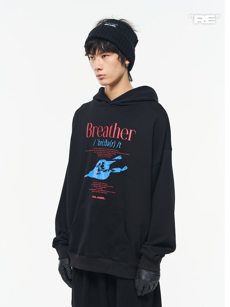 RELABEL Black Leather Windbreaker Theme Print Basic Long-Sleeve Printed Hooded Sweatshirt
