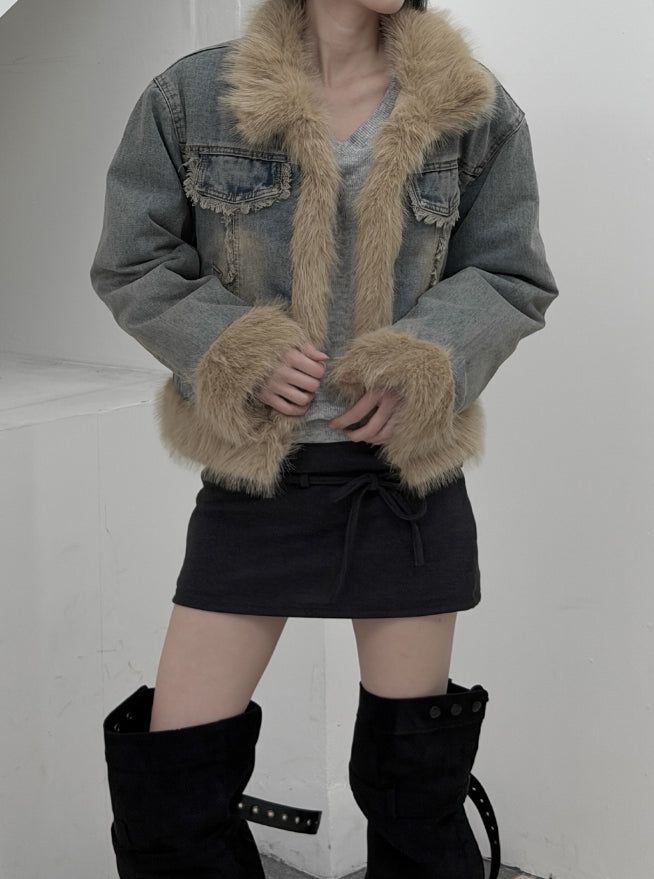Fur trimmed quilted denim jacket