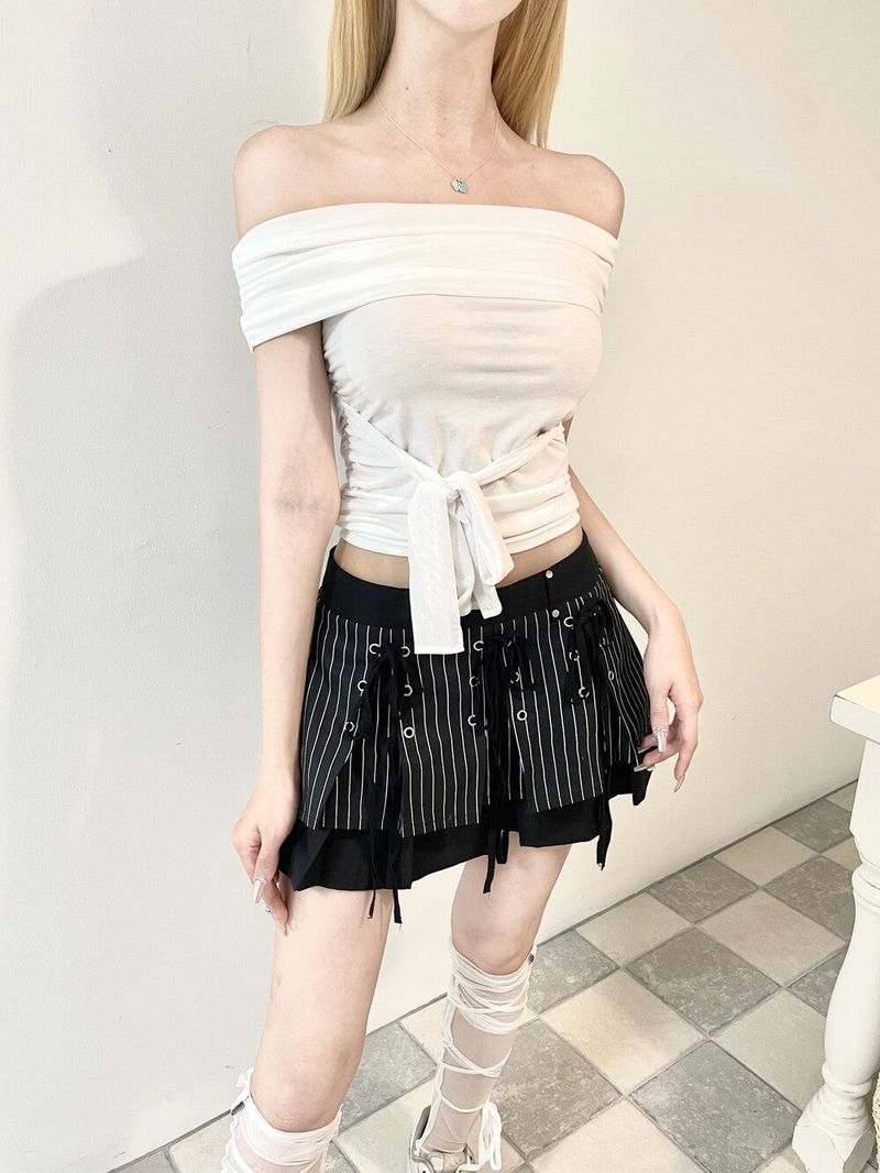 1266. Stripe layered ribbon pleats mini sk