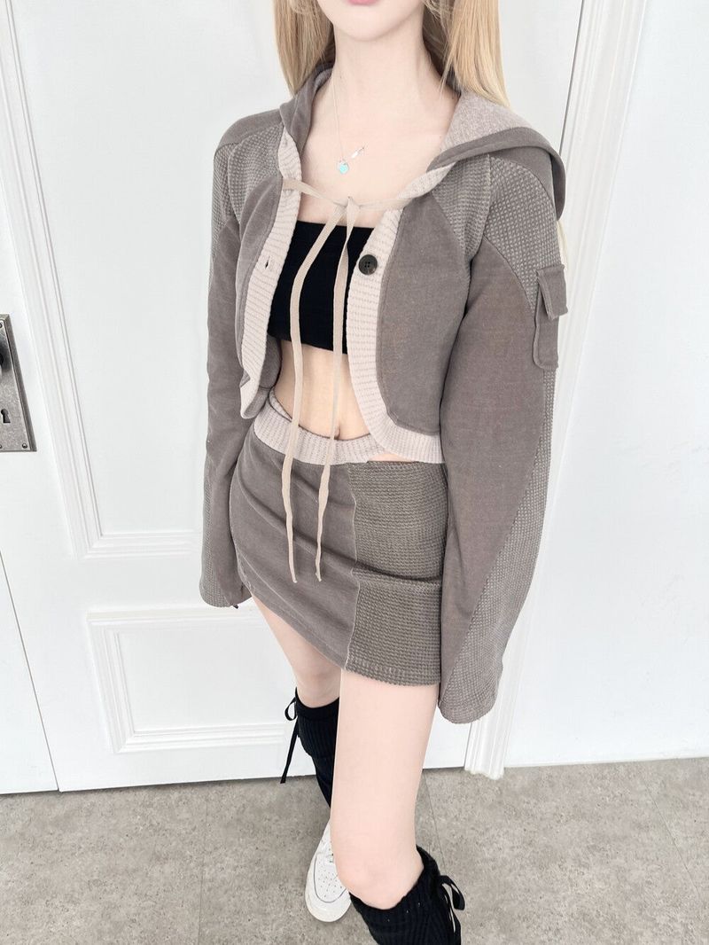 1236. Patchwork cargo crop hood cardi (3color)