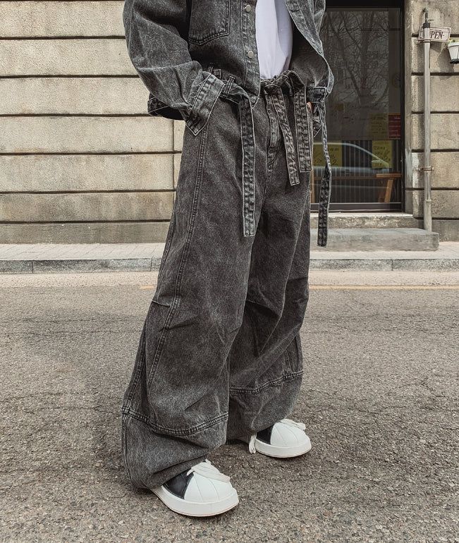 East Belted Denim Jacket Pants Set