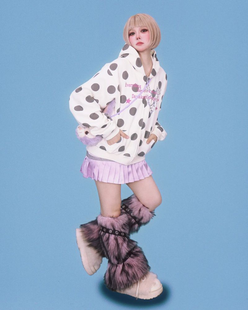 big-dot cream hood zip-up
