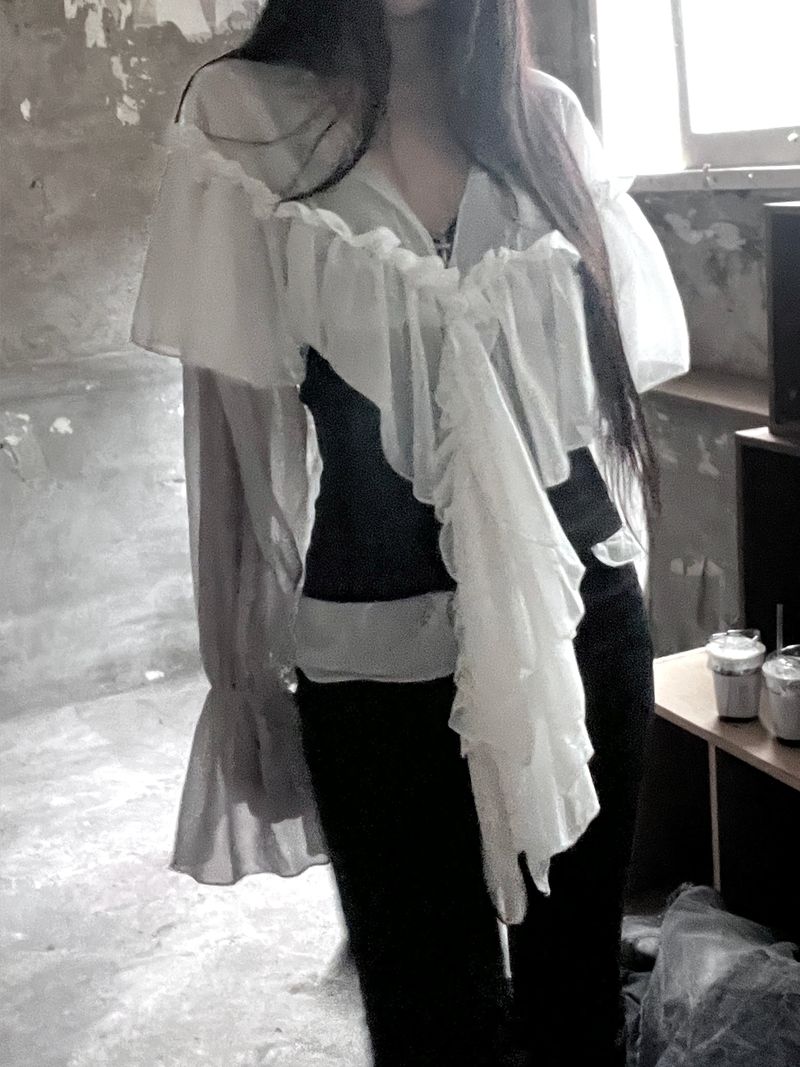 chiffon ruffle v-neck sheer blouse (2color)