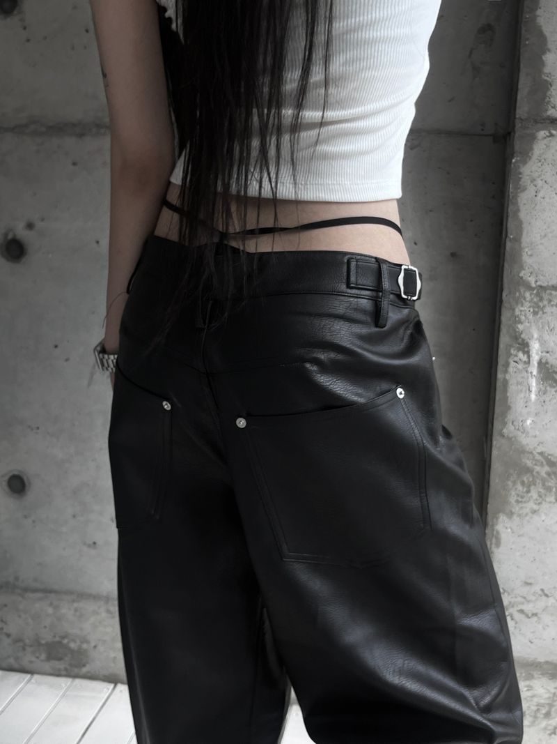 [unisex] side buckle leather wide pants