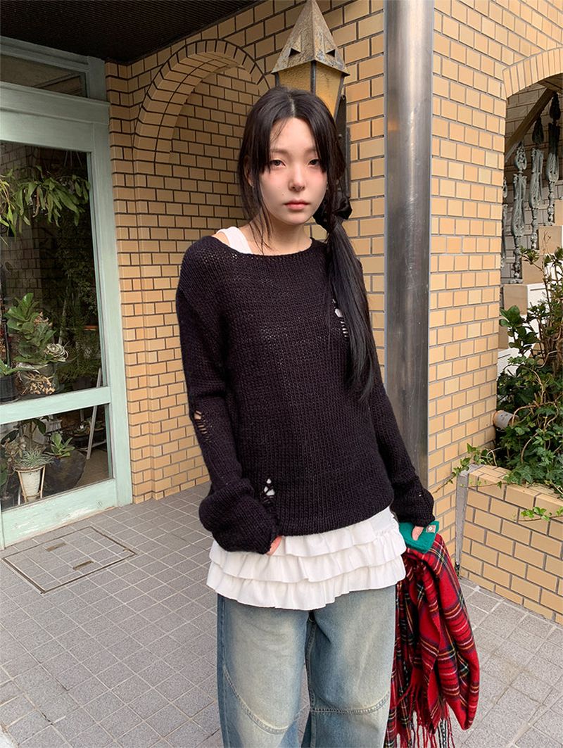 DAMAGE BOAT NECK LOOSE KNIT (3C)