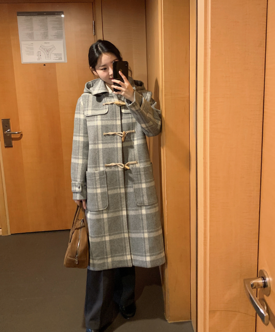 [SHOPPERMADE] Ash Gray Check Wool Long Duffle Coat
