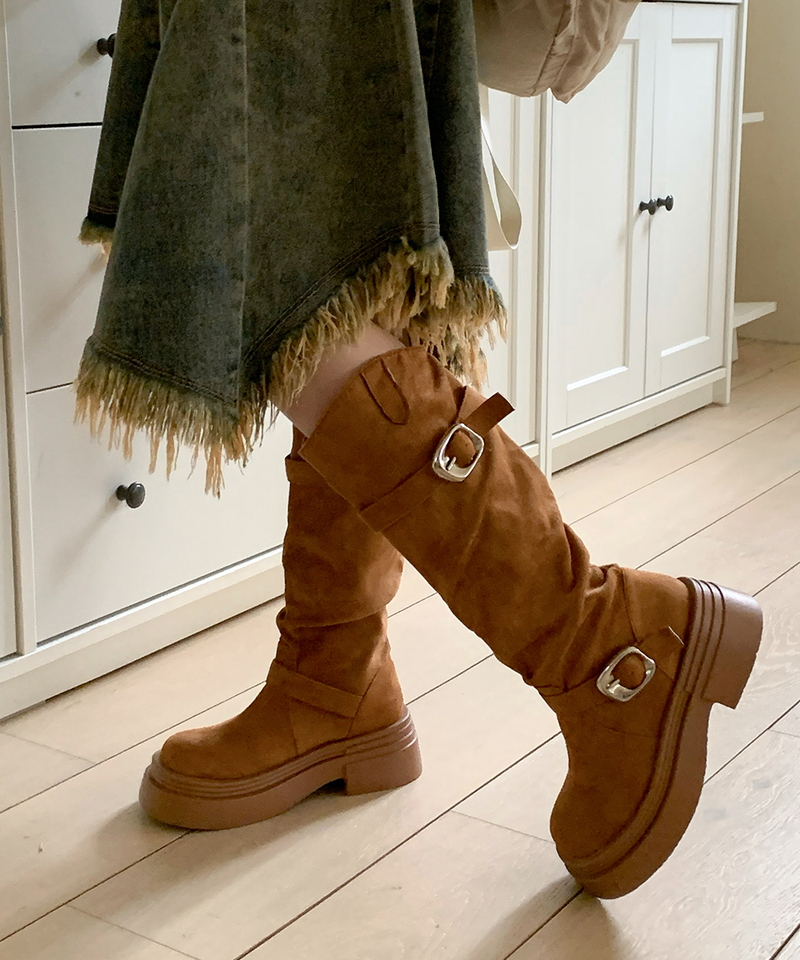 line suede buckle slouch long bootS