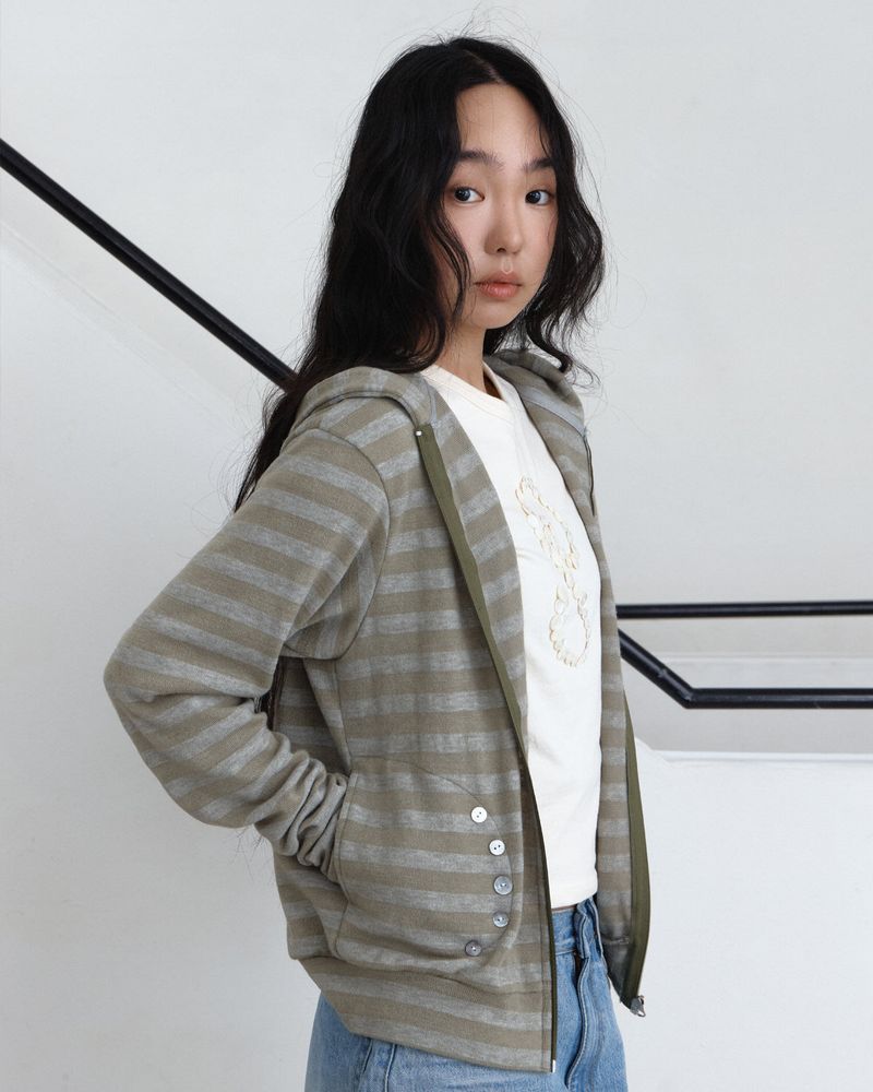 Stripe Button Knit Hooded Zip-Up