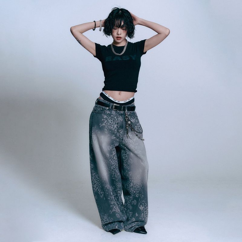 Sun Patch Leopard Balloon Denim Pants - BLACK