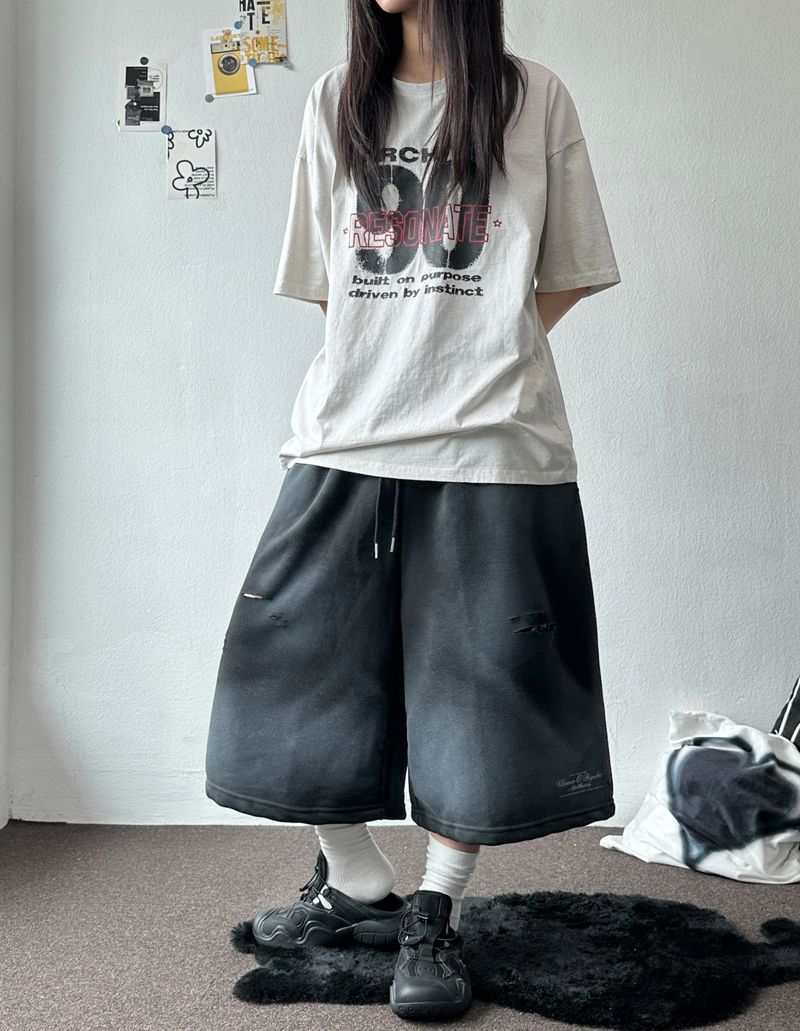Space Side Lettering Distressed Bermuda Shorts 3color