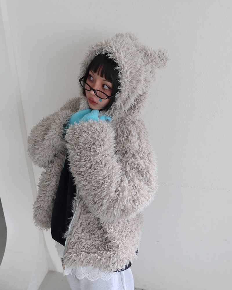 Rabbit ear hood zip-up soft fur jacket
