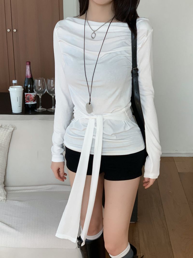 Loving Front Wrap Tie Boat Neck Long Sleeve Tee 