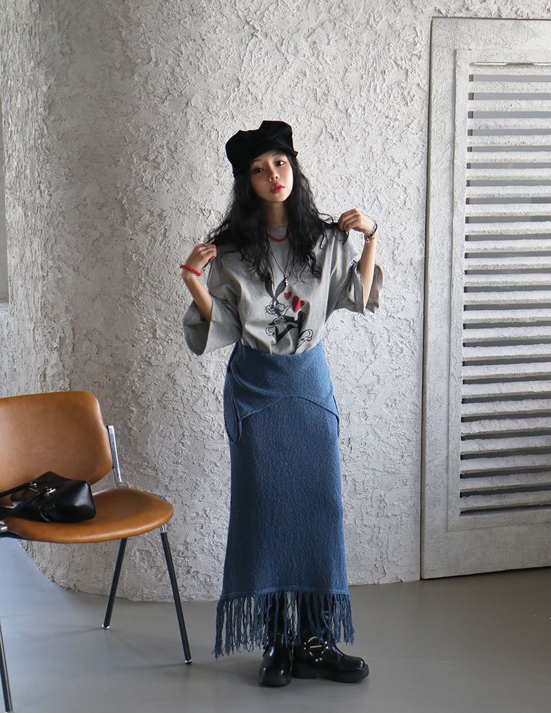 knit fringe bustier long dress