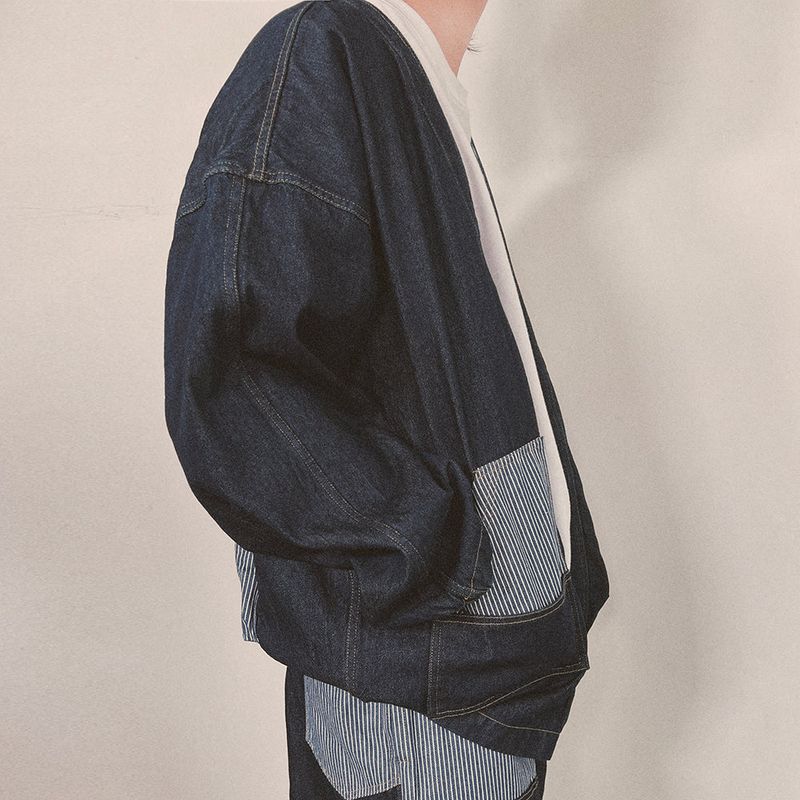stripe patch denim cardigan_blue
