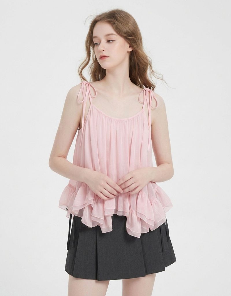 TWEEDY-A（ツウィーディア）の「Hazel Sheer Ribbon Strap Frill Sleeveless Pink（Tops）」