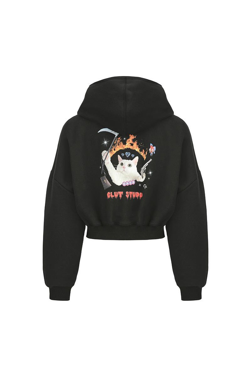 0 4 cat crop hood zip-up - BLACK