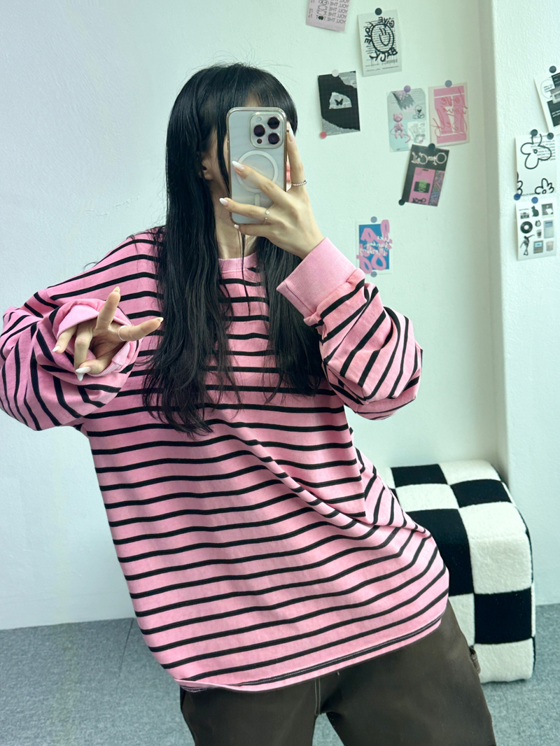 OVERFIT STRIPED ROUND BOX T🩶🖤🩷💙 - 4 COLORS