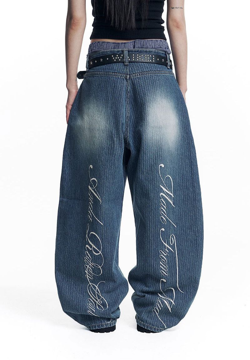 Stripe Lettering Denim Pants - Medium Blue