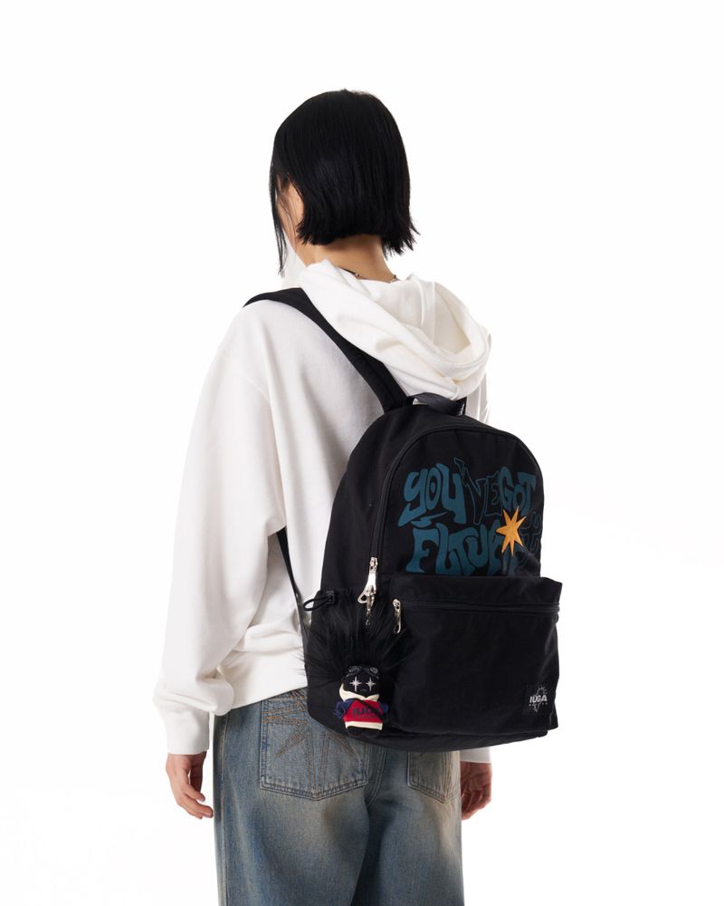 Printed Twill Pocket Backpack (Black)