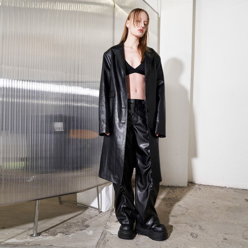 Leather Single Long Coat (black)
