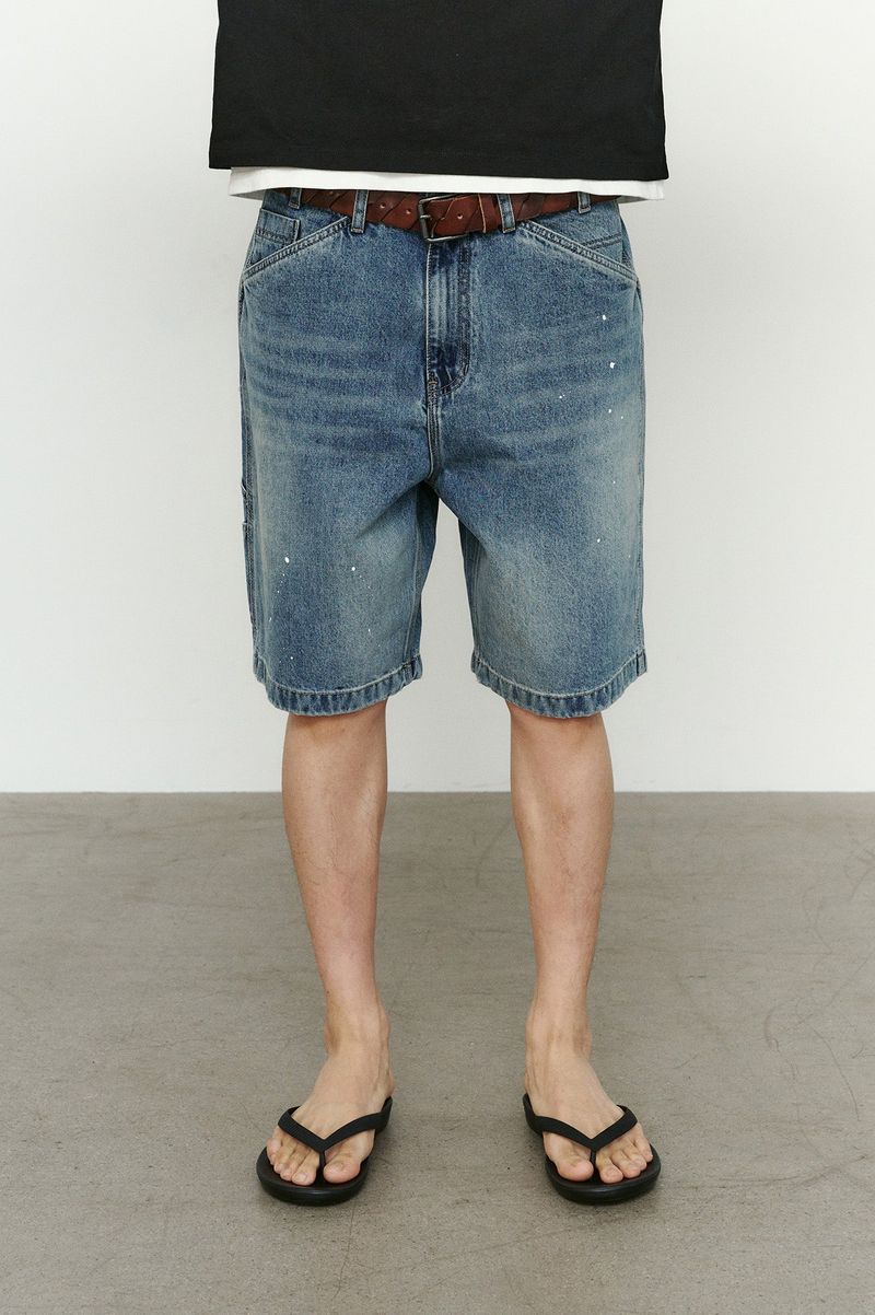 Aged Splatter Carpenter Denim Shorts(Washed Blue)