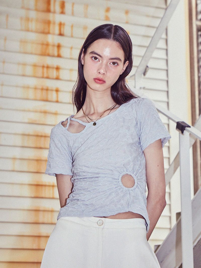 VITALSIGN（バイタルサイン）の「 [LINE] Hole Shirring Strap T-shirt (Lightgray)（Tops）」
