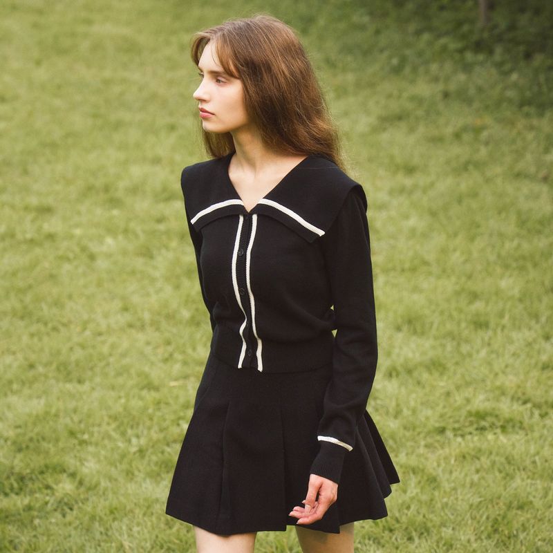 SAILOR COLLAR LONG SLEEVED CARDIGAN - BLACK