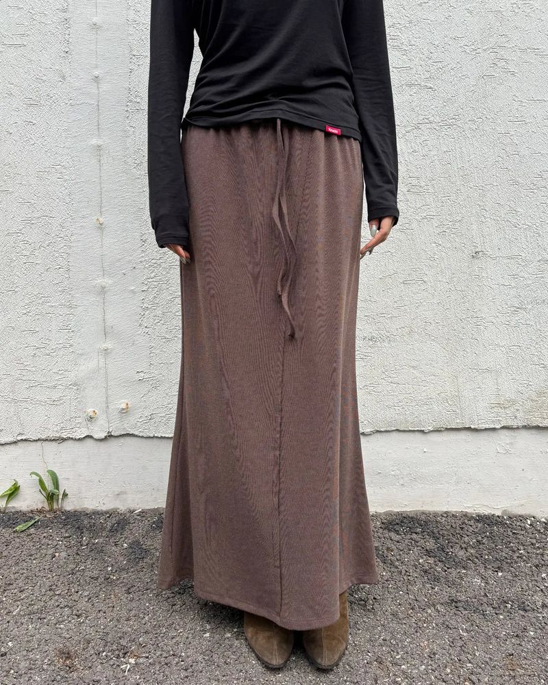  RAW EDGE LONG SKIRT (BROWN) WOMENS