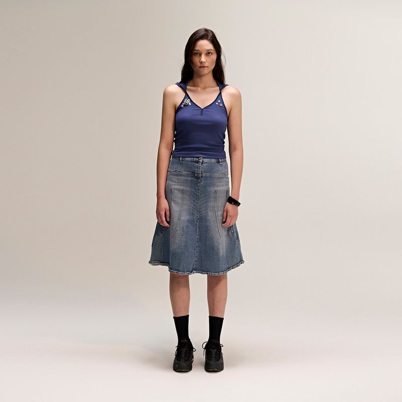 Button Hood Halterneck Top Navy