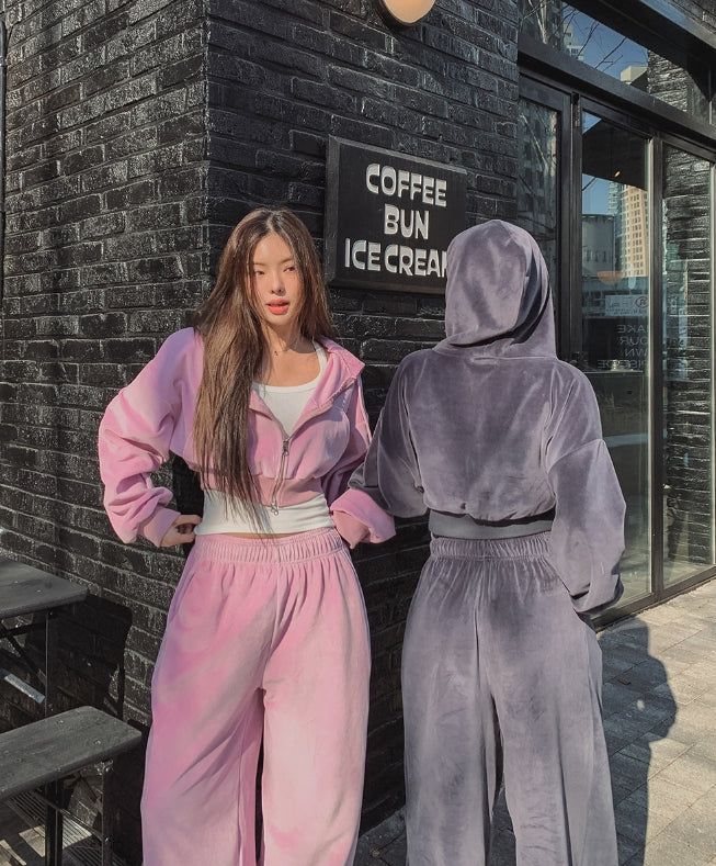 Wrinkle Velour Two Way Crop Hood Zip-Up
