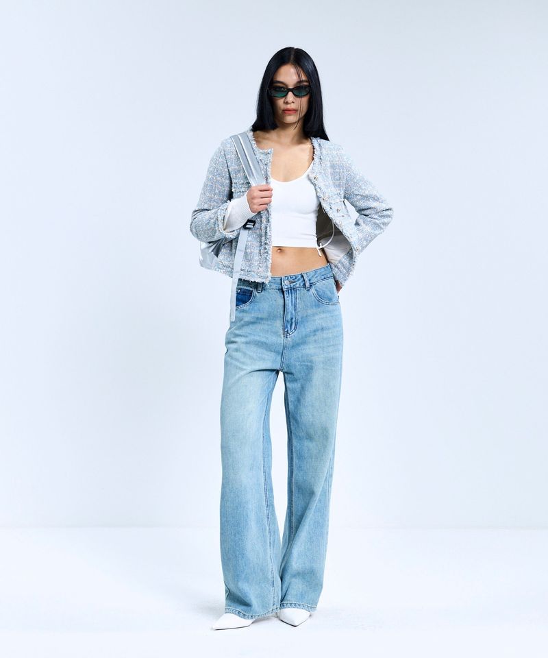 85-VIVAJ048 Multi-Color Crop Tweed Jacket Sky Blue